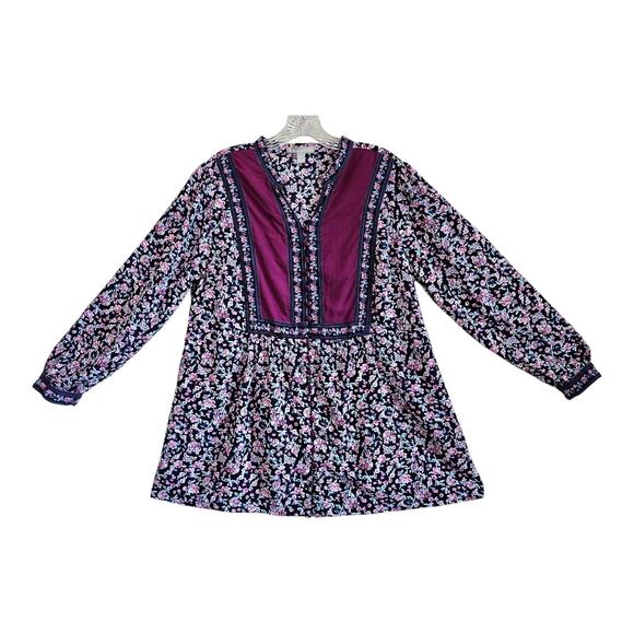 WOMAN WITHIN Women 14 16 Tunic Top Peasant Floral Purple Blue Pink Button Up 40" - Picture 1 of 7